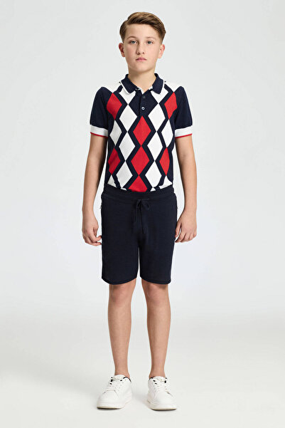 Hemington Navy Blue Knitwear Children's Shorts with Lace-Up Embroidery Logo