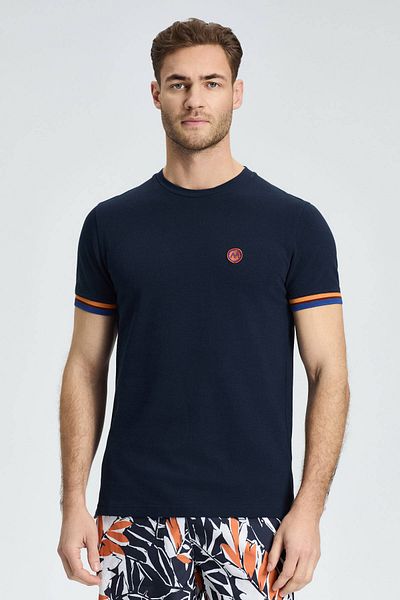 Hemington Pique Knit Navy Blue Crew-Neck T-Shirt with Embroidery Logo