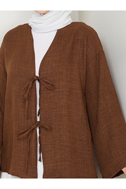 exxitcollection Cămașă kimono maro pentru femei, cu 2 șireturi, modernă și elegantă, cu șireturi în față