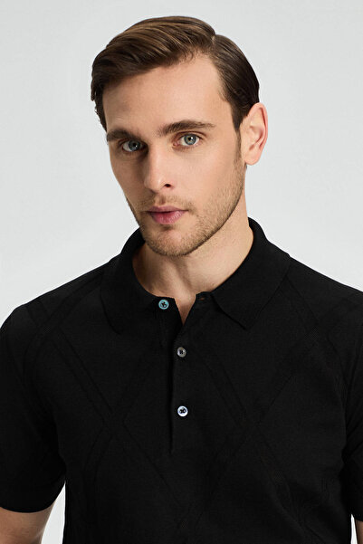 Hemington Baklava Pattern Black Mercerized Cotton Knitwear Polo