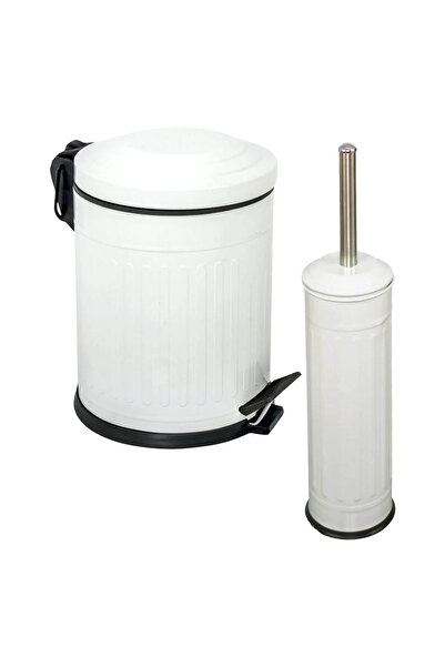 Eforeca Vintage 2 Li Çöp Kovası Banyo Seti Çizgili Beyaz