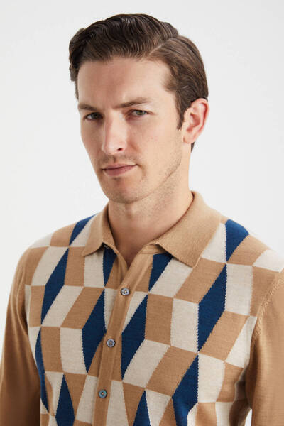Hemington Desenli Merino Yün Camel Triko Gömlek