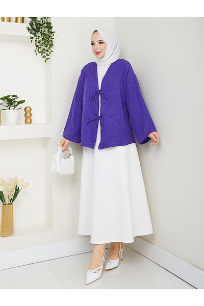 exxitcollection Women's Hijab Linen Tie Front 2 Lace Modern Stylish Skirt Top Lilac Purple Kimono Shirt