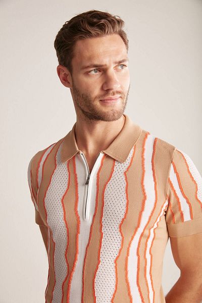 Hemington Stripe Detailed Sand Color Mercerized Cotton Knitwear Polo