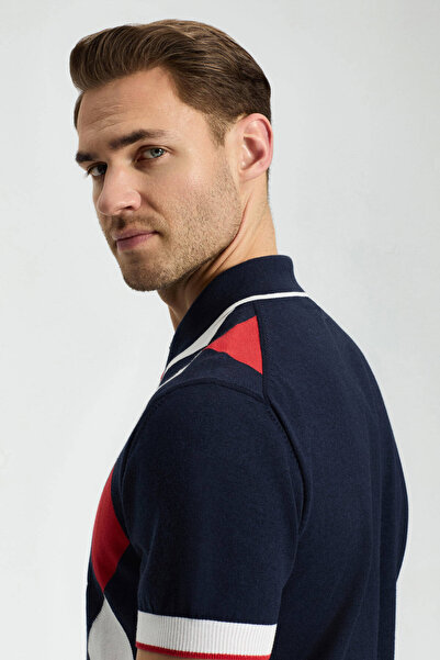 Hemington Navy Blue Red Diamond Pattern Knitwear Polo