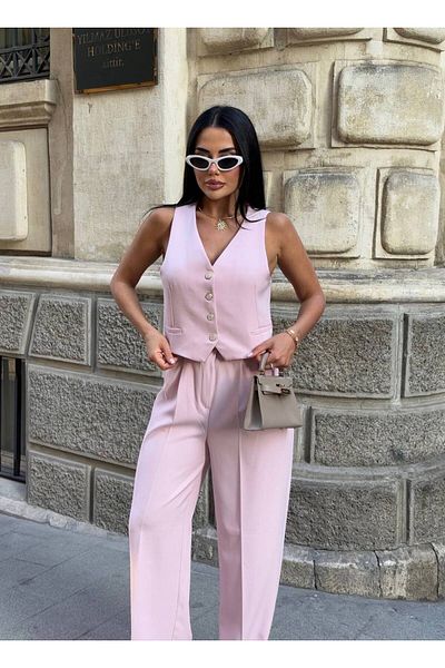LB Laluna Butik Set de damă din in roz, vestă și pantaloni palazzo
