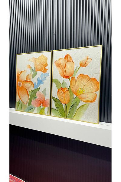 Tablomtr Set de 2 picturi decorative cu cadru metalic imprimat digital cu sticlă - Buchet pastel Model A