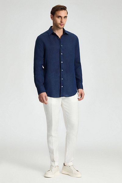 Hemington Navy Blue Pure Linen Sports Shirt