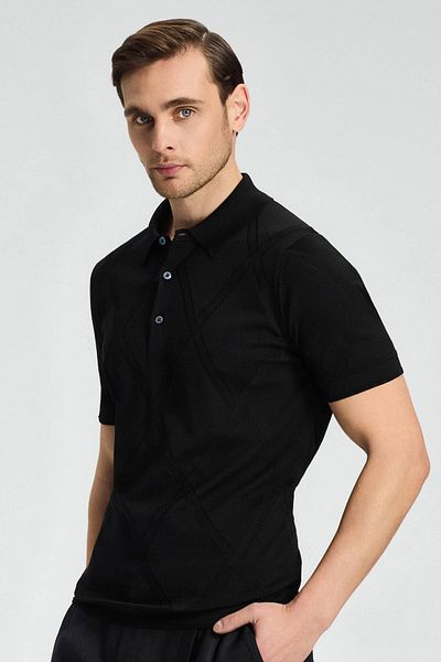Hemington Baklava Pattern Black Mercerized Cotton Knitwear Polo