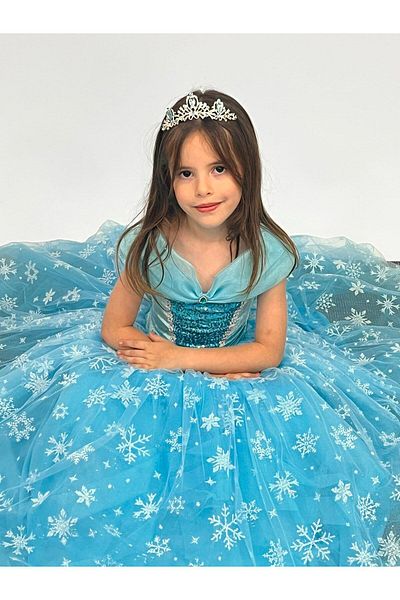 BUTİKHAPPYKİDS Blue Elsa Frozen Costume - Puffy Style with Hoop 3-8 Years Old