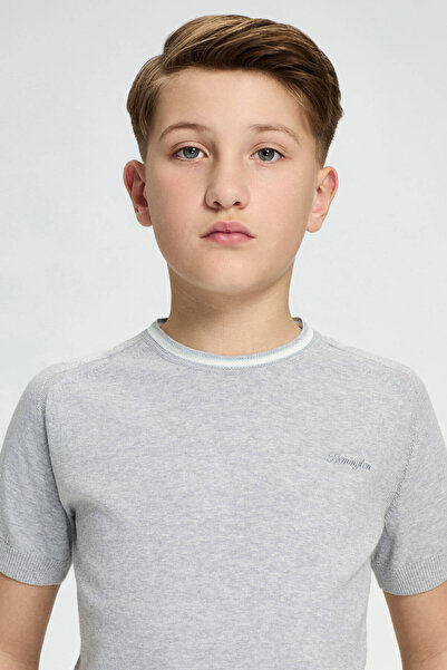 Hemington Light Gray Knitwear Children's T-Shirt with Embroidery Logo and Collar Detail