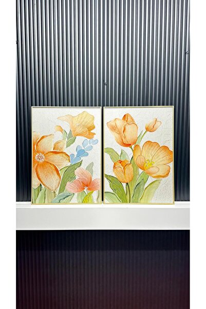 Tablomtr Dijital Baskılı Metal Çerçeveli Camlı 2'li Dekoratif Tablo - Pastel Buket Model A