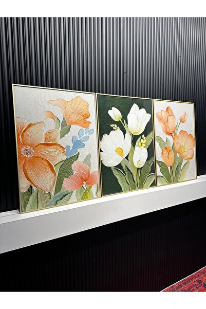Tablomtr Dijital Baskılı Metal Çerçeveli Camlı 3'lü Dekoratif Tablo - Pastel Buket