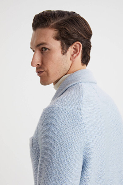 Hemington Balıksırtı Desen Saf Kaşmir Buz Mavisi Triko Ceket