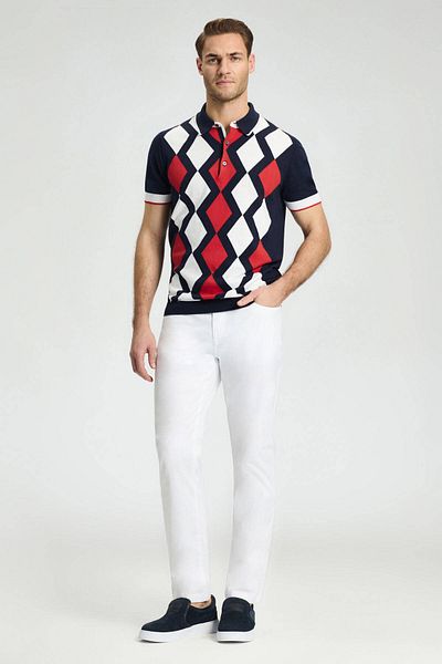 Hemington Navy Blue Red Diamond Pattern Knitwear Polo