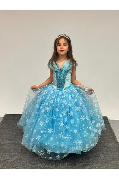 BUTİKHAPPYKİDS Blue Elsa Frozen Costume - Puffy Style with Hoop 3-8 Years Old