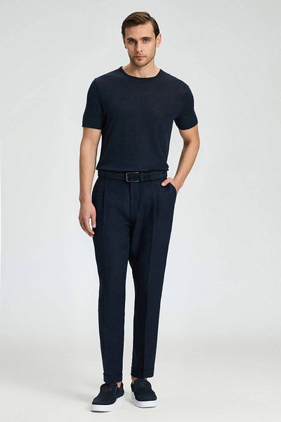 Hemington Pure Linen Navy Blue Pleated Trousers