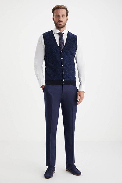 Hemington Shawl Pattern Navy Blue Merino Wool Knitwear Vest