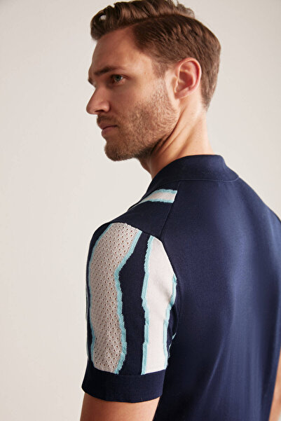 Hemington Navy Blue Mercerized Cotton Knitwear Polo with Stripe Detail