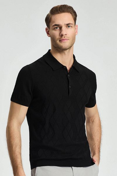 Hemington Baklava Pattern Giza Cotton Black Knitwear Polo
