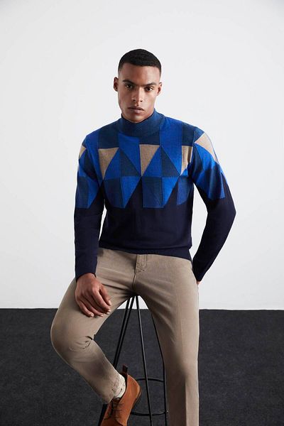 Hemington Patterned Navy Blue-Camel Half Turtleneck Merino Wool Sweater