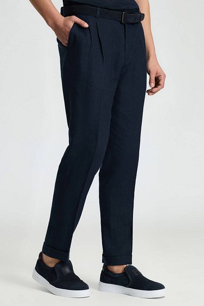 Hemington Pure Linen Navy Blue Pleated Trousers