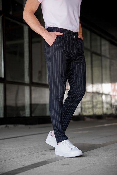 Ser Joven Men's Navy Blue Slim Fit Striped Fabric Trousers