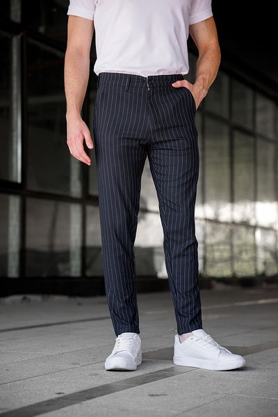 Ser Joven Men's Navy Blue Slim Fit Striped Fabric Trousers