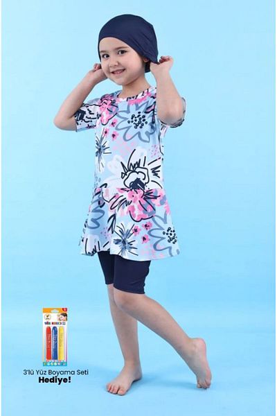 ZUZUNGA Heart Patterned Navy Blue Girl's Checkered Swimsuit Set