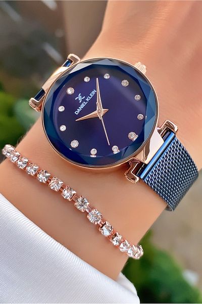 Daniel Klein Brand Navy Blue Rose Color Women's Wristwatch - Bracelet Gift