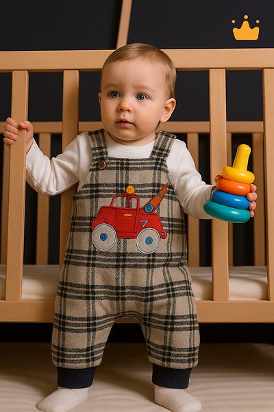 Babyhola 3-18 Months Plaid Patterned Baby Boy Snap Strap Salopet Badi 2-Piece Set 2203