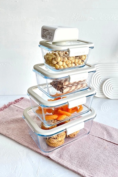 NEOFLAM Fika Glace Vakumlu Cam Saklama Kabı Seti Bej 5 Parça