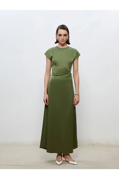 LC Waikiki Soulife Khaki Crew Neck Satin Dress