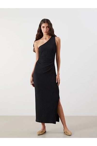 LC Waikiki Lcw Vision Black One Shoulder Gathered Dress