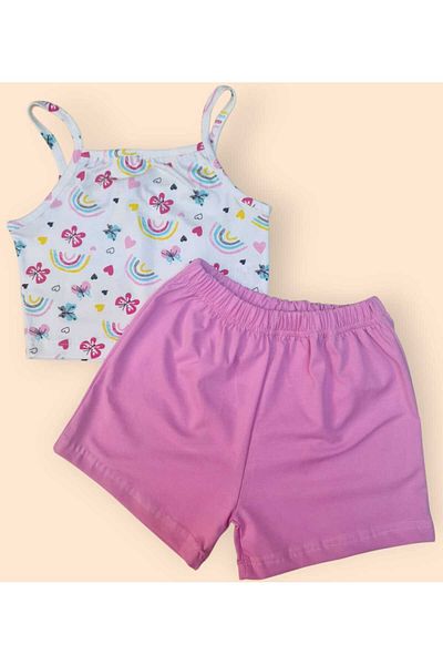 BEBEĞİME ÇORAP Girls' Summer Cotton Pajama Set with Straps and Shorts