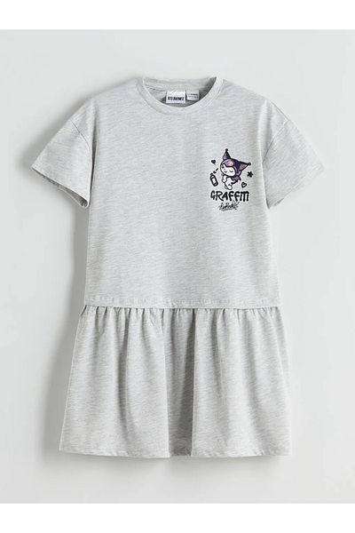 LC Waikiki LCW Kids Rochie pentru fetiță cu decolteu în formă de ciclism gri cu imprimeu Kuromi