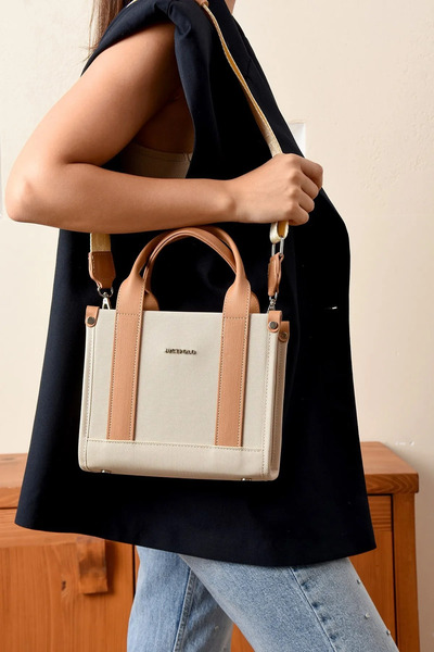 Just Polo Women's Cream Tan Medium Size Linen Hand and Shoulder Bag 236072Mh