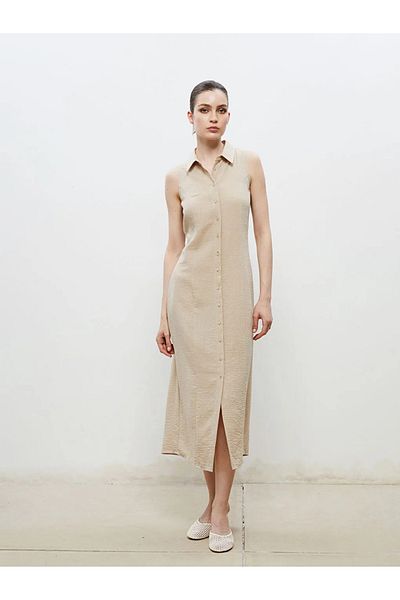 LC Waikiki Soulife Beige Textured Crepe Shirt Dress