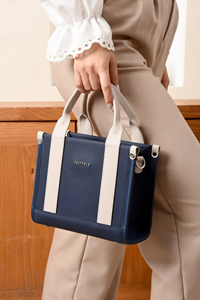 Just Polo Women's Navy Blue Stone Medium Size Linen Hand and Shoulder Bag 236...