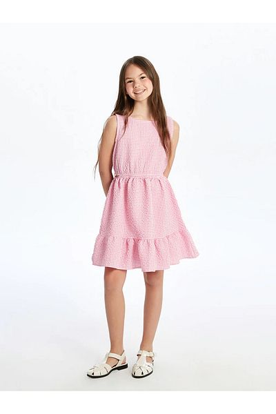 LC Waikiki Lcw Kids Pink Crew Neck Plaid Girls' Dress