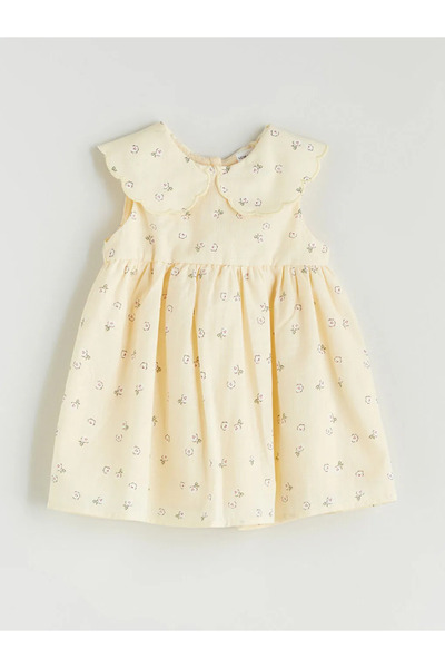 LC Waikiki LCW baby Ekru Bisiklet Yaka Çiçekli Kız Bebek Elbise