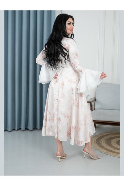 Nice Model Elegant White Floral Maxi Dress with Bell Sleeves - Square Neck Long Sleeve Wedding Guest Outfit
