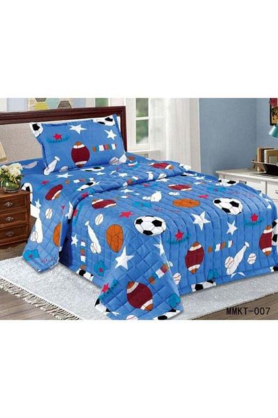 GENERAL Ming Li Compressed Quilt Set for Single Size with Dual-Sided Ball Print, 3 Pieces, Microfiber, Blue,