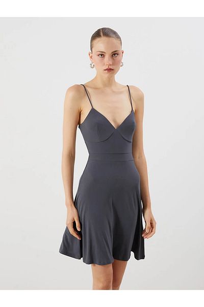 LC Waikiki Lcw Vision Anthracite Sweetheart Neckline Strap A-Line Dress