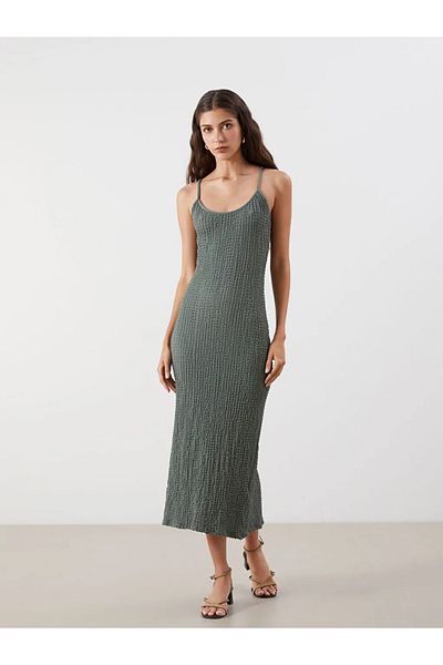 LC Waikiki Lcw Vision Green U-Neck Textured Dress