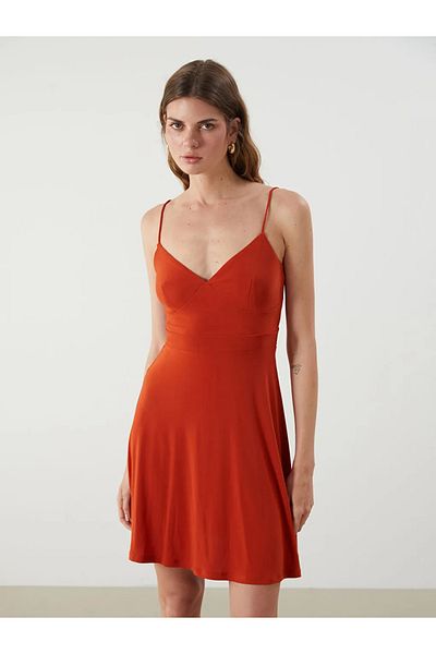 LC Waikiki Lcw Vision Orange Sweetheart Neckline Strap A-Line Dress