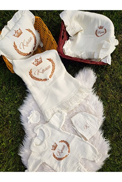 Baby Clime İsim Nakışlı Müslin Tulum, Şapka, Eldiven, Battaniye, Yastık, Puse...