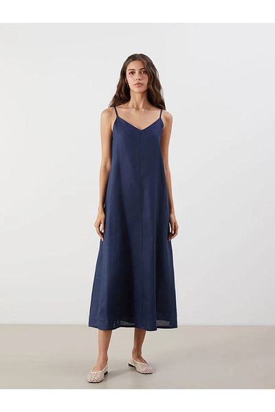 LC Waikiki Lcw Vision Indigo V-Neck Strap A-Line 100% Linen Dress