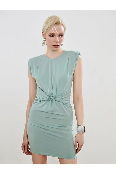 LC Waikiki Soulife Green Crew Neck Gathered Mini Dress