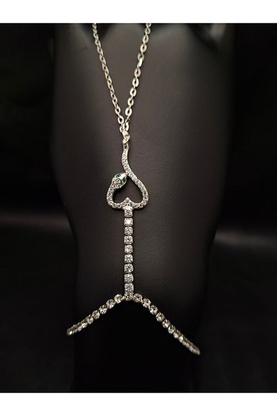Han Ticarethane Silver Color Stone Waterway Model Snake Heart Detailed Shahmeran